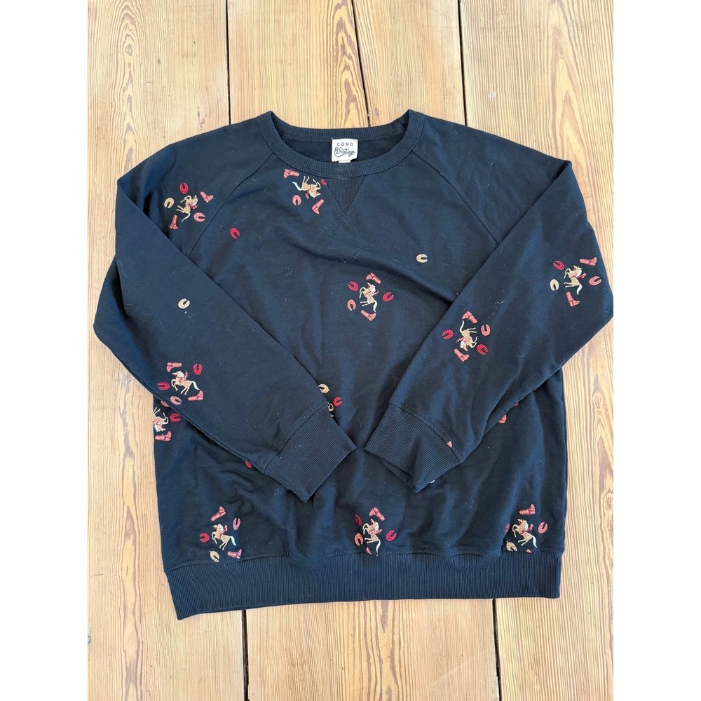 Women's Horseshoe Black Red Western Equestrian Horse Crewneck Sweatshirt M